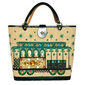 1954 ENDI COLLINS OF TEXAS Elegant Embellished Black leather jewels cable car